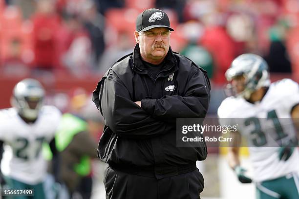 Head coach Andy Reid of the Philadelphia Eagles watches as his team warms up before the start of their game against the Washington Redskins at FedEx...