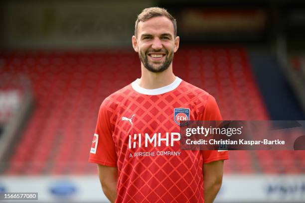 Benedikt Gimber of 1. FC Heidenheim 1846 poses during the team presentation at VOITH - Arena on July 23, 2023 in Heidenheim, Germany.