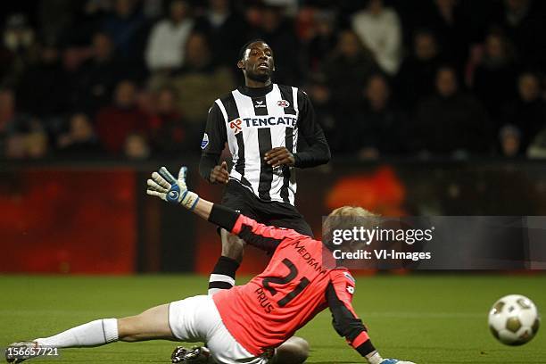 Geoffrey Castillion of Heracles Almelo , Goalkeeper Mateusz Prus of Roda JC during the Dutch Eredivisie match between Heracles Almelo and Roda JC...