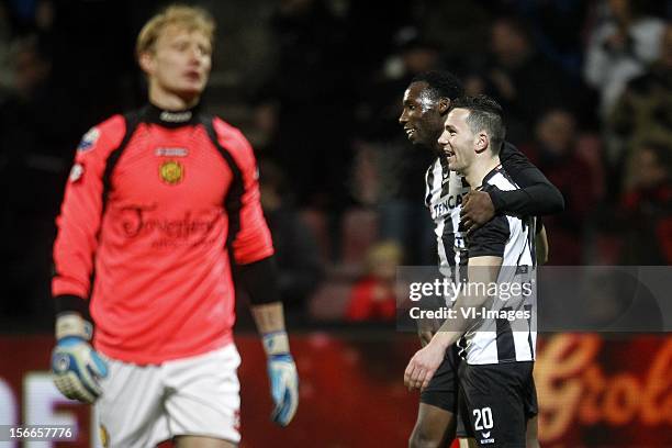 Goalkeeper Filip Kurto of Roda JC , Geoffrey Castillion of Heracles Almelo , Thomas Bruns of Heracles Almelo during the Dutch Eredivisie match...