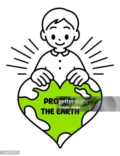 a boy embracing the planet earth, minimalist style, black and white outline, the concept of save the planet, sustainability, and environmental protection - children recycling stock illustrations