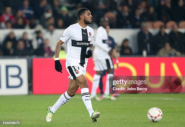 Yann M'Vila of Rennes in action during the french Ligue 1 match between Paris Saint Germain FC and Stade Rennais FC at the Parc des Princes stadium...