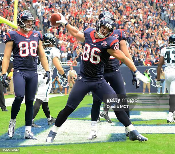 James Casey of the Houston Texans celebrates his touchdown against the Jacksonville Jaguars in the first half of their game on Sunday, November 18 in...