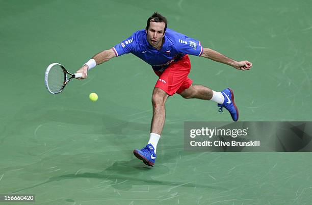 Radek Stepanek of Czech Republic plays a forehand against Nicolas Almagro of Spain during day three of the final Davis Cup match between Czech...