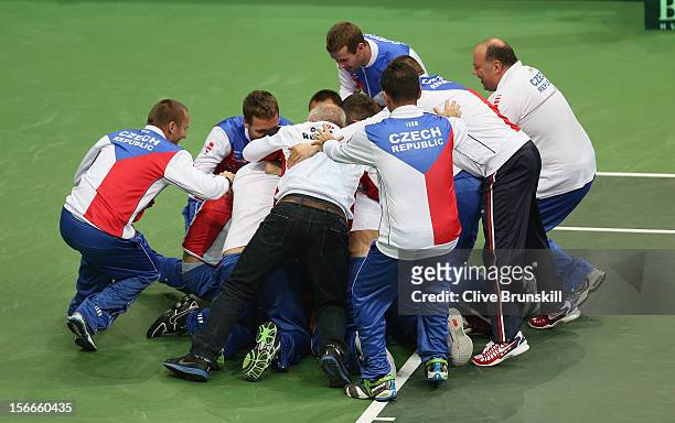 Czech Republic team celebrate after Radek Stepanek's four set victory against Nicolas Almagro of Spain to win them the Davis Cup with a 3-2 overall...