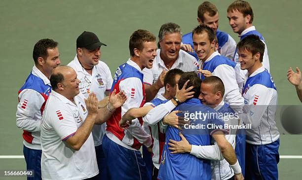 Czech Republic team celebrate after Radek Stepanek's four set victory against Nicolas Almagro of Spain to win them the Davis Cup with a 3-2 overall...