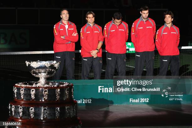 Team Captain Alex Corretja,David Ferrer,Nicolas Almagro,Marcel Granollers and Marc Lopez show their dejection before they receive their runners up...