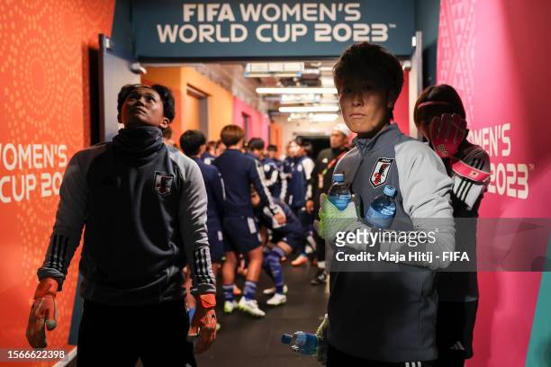Chika Hirao, Momoko Tanaka and Ayaka Yamashita of Japan wait in a tunnel prior to a warm up during the FIFA Women's World Cup Australia & New Zealand...