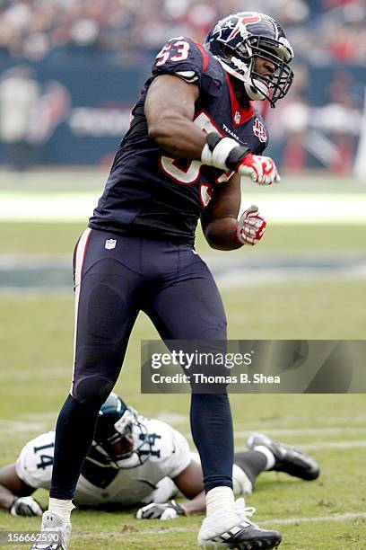 Bradie James of the Houston Texans celebrates breaking up a pass intended for Justin Blackmon of the Jacksonville Jaguars on November 18, 2012 at...