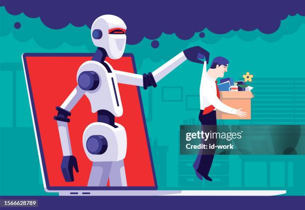 robot carrying sacked businessman on laptop - downsizing unemployment stock illustrations