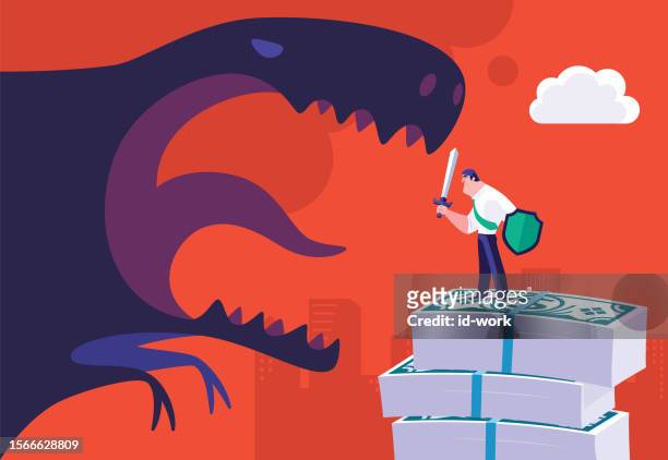 businessman holding sword and standing on stack of banknotes and meeting angry dinosaur - animals attacking stock illustrations