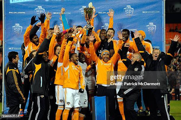 The Houston Dynamo celebrate after winning the MLS 2012 Eastern Conference Championship over D.C. United at RFK Stadium on November 18, 2012 in...