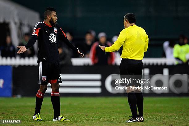 Lionard Pajoy of D.C. United argues with referee Baldomero Toledo during leg 2 of the Eastern Conference Championship against the Houston Dynamo at...