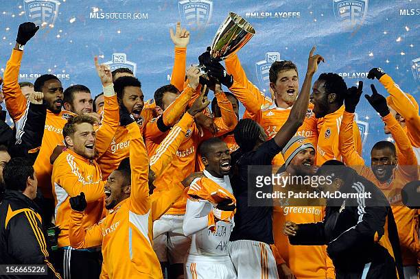The Houston Dynamo celebrate after winning the MLS 2012 Eastern Conference Championship over D.C. United at RFK Stadium on November 18, 2012 in...