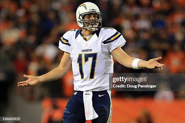 Quarterback Philip Rivers of the San Diego Chargers reacts after a play against the Denver Broncos at Sports Authority Field at Mile High on November...