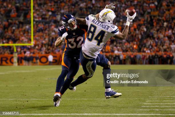 Wide receiver Danario Alexander of the San Diego Chargers makes a one handed catch for a touchdown against cornerback Tony Carter of the Denver...