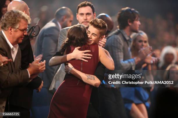 Pattie Mallette and singer Justin Bieber in the audience at the 40th American Music Awards held at Nokia Theatre L.A. Live on November 18, 2012 in...