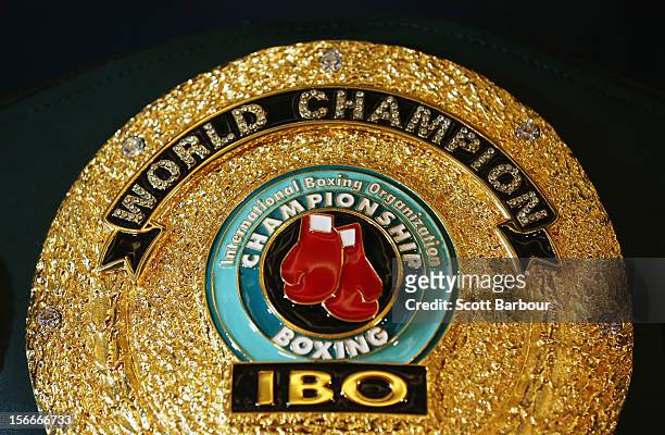 The International Boxing Organization World Champion Belt sits on display during a press conference at Crown Entertainment Complex on November 19,...