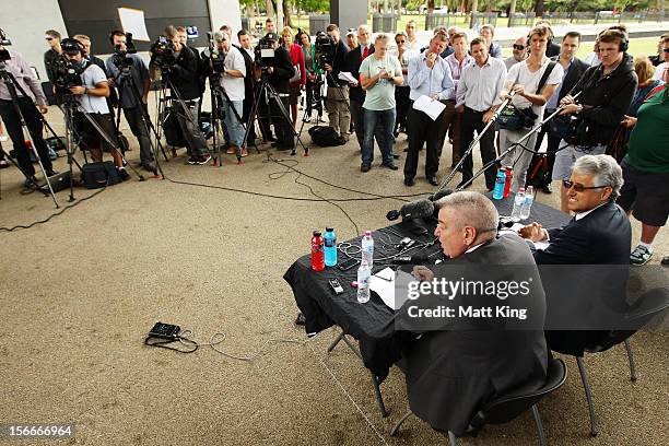 South Sydney Rabbitohs CEO Shane Richardson and Chairman Nicholas Pappas speak to the media during a South Sydney Rabbitohs NRL press conference at...