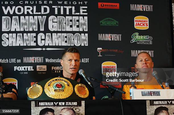 Danny Green of Australia and Shane Cameron of New Zealand speak during a press conference at Crown Entertainment Complex on November 19, 2012 in...
