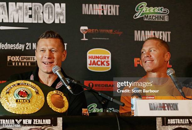 Danny Green of Australia and Shane Cameron of New Zealand speak during a press conference at Crown Entertainment Complex on November 19, 2012 in...