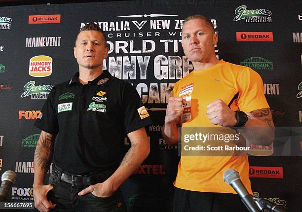 Danny Green of Australia and Shane Cameron of New Zealand pose during a press conference at Crown Entertainment Complex on November 19, 2012 in...