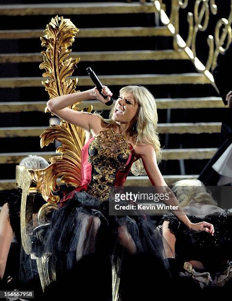 Singer Taylor Swift performs onstage during the 40th American Music Awards held at Nokia Theatre L.A. Live on November 18, 2012 in Los Angeles,...