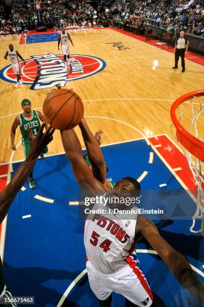 Jason Maxiell of the Detroit Pistons grabs the rebound against the Boston Celtics on November 18, 2012 at The Palace of Auburn Hills in Auburn Hills,...