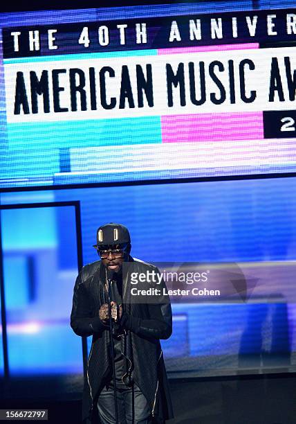 Singer wiill.i.am speaks onstage during the 40th Anniversary American Music Awards held at Nokia Theatre L.A. Live on November 18, 2012 in Los...