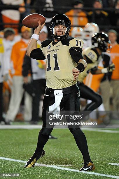 Quarterback Jordan Rodgers of the Vanderbilt Commodores plays against the University of Tennessee at Vanderbilt Stadium on November 17, 2012 in...