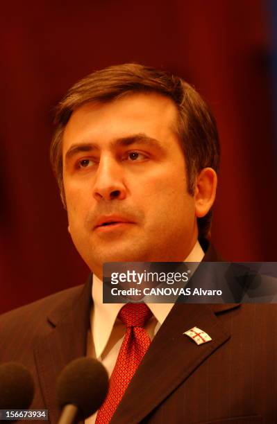Mikhail Saakashvili New President Of Georgia. Le nouveau président géorgien Mikhaïl SAAKACHVILI en visite à STRASBOURG : prononçant un discours au...