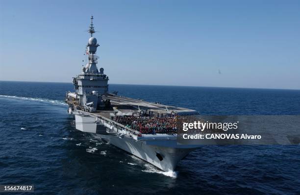 The Aircraft Carrier De Gaulle In Mission. Mission HERACLES : vue aérienne du porte-avions 'Charles-de-Gaulle' en mer d'Oman. Depuis le 19 décembre...