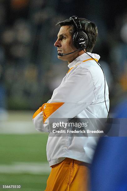 Head coach Derek Dooley of the University of Tennessee coaches the Volunteers against the Vanderbilt Commodores at Vanderbilt Stadium on November 17,...