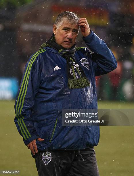 Head coach Sigi Schmid of the Seattle Sounders FC walks off the pitch after the match against the Los Angeles Galaxy during Leg 2 of the Western...