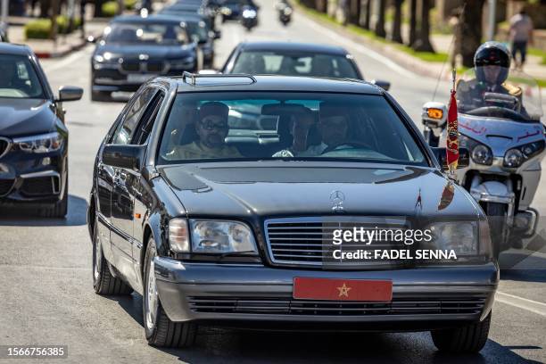 Convoy carrying Morocco's King Mohammed VI, accompanied by his son Crown Prince Moulay Hassan and Princess Lalla khadija, leaves the Tetouan palace...