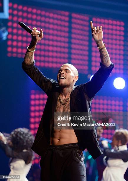 Singer Chris Brown onstage at the 40th American Music Awards held at Nokia Theatre L.A. Live on November 18, 2012 in Los Angeles, California.