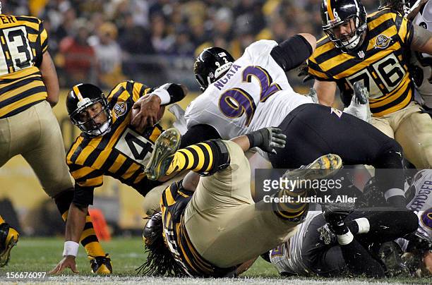 Haloti Ngata of the Baltimore Ravens sacks Byron Leftwich of the Pittsburgh Steelers during the game on November 18, 2012 at Heinz Field in...