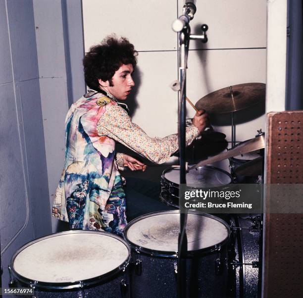 Drummer Mitch Mitchell of The Jimi Hendrix Experience, in a London recording studio, October 1967.