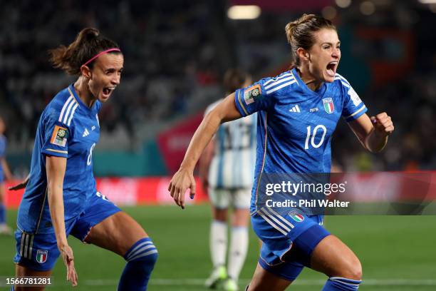 Cristiana Girelli of Italy celebrates with teammate Barbara Bonansea after scoring her team's first goal during the FIFA Women's World Cup Australia...