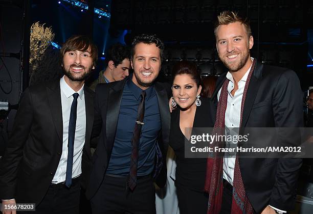 Singer Luke Bryan with Lady Antebellum singers Dave Haywood, Hillary Scott and Charles Kelley at the 40th American Music Awards held at Nokia Theatre...