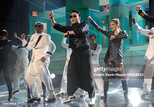 Hammer and singer PSY perform onstage during the 40th American Music Awards held at Nokia Theatre L.A. Live on November 18, 2012 in Los Angeles,...