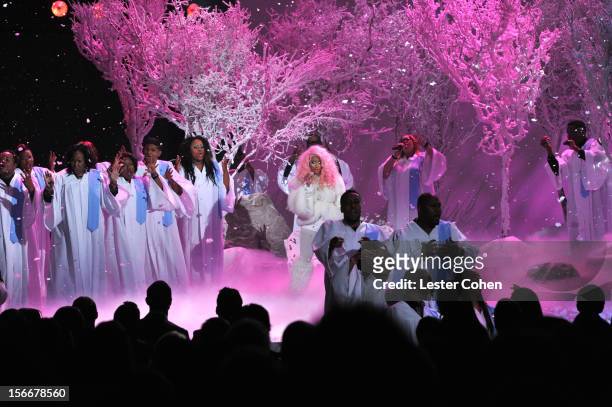 Singer Nicki Minaj performs onstage during the 40th Anniversary American Music Awards held at Nokia Theatre L.A. Live on November 18, 2012 in Los...