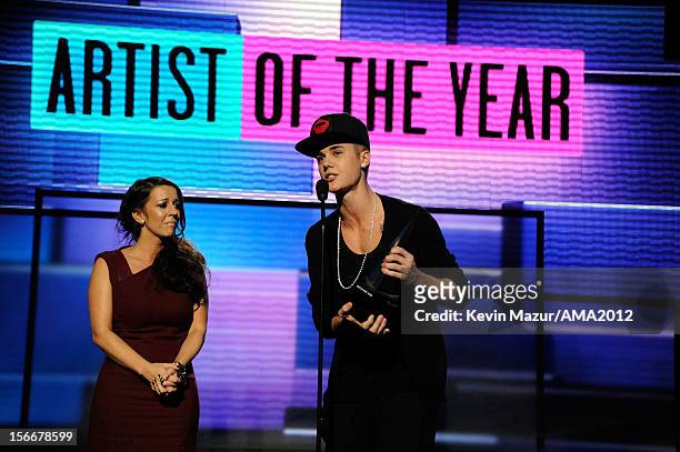 Singer Justin Bieber and Pattie Malette onstage at the 40th American Music Awards held at Nokia Theatre L.A. Live on November 18, 2012 in Los...