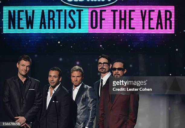Nick Carter, Howie Dorough, Brian Littrell, Kevin Richardson and AJ McLean of Backstreet Boys onstage during the 40th Anniversary American Music...