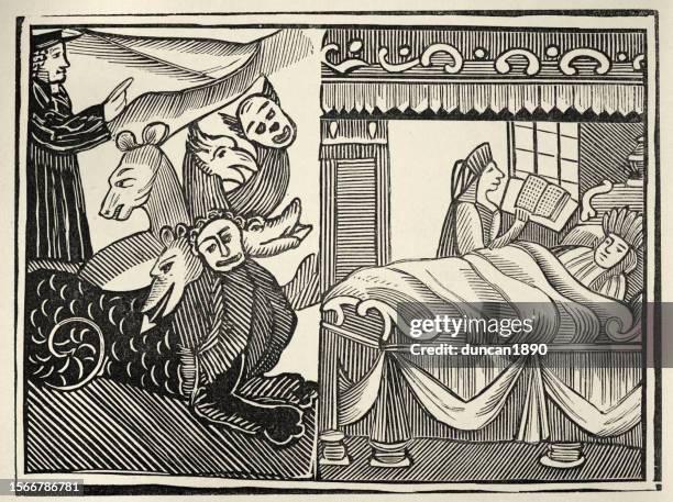 english folklore, chimera monster with body of fish, with six heads, man, camel, dragon - illusion stock illustrations