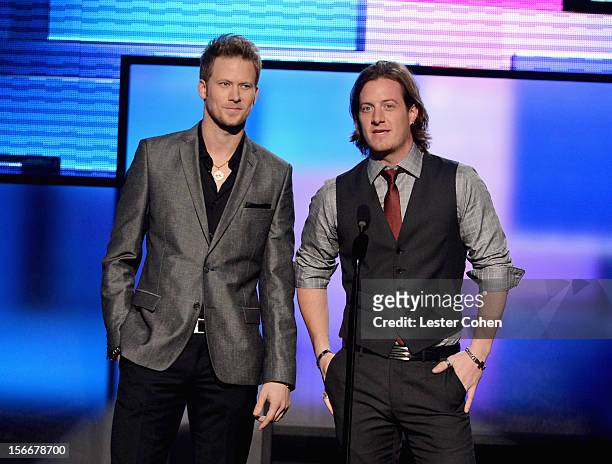 Brian Kelly and Tyler Hubbard of Florida Georgia Line onstage during the 40th Anniversary American Music Awards held at Nokia Theatre L.A. Live on...