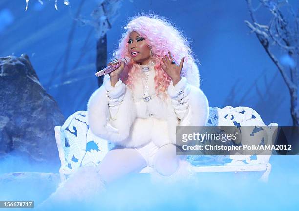 Rapper/singer Nicki Minaj performs onstage during the 40th American Music Awards held at Nokia Theatre L.A. Live on November 18, 2012 in Los Angeles,...