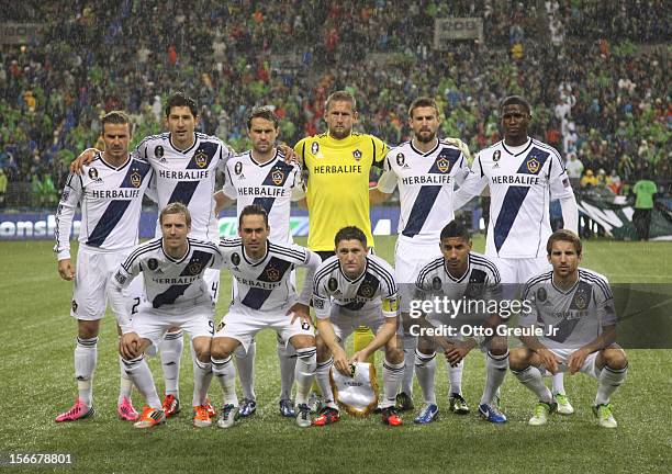 Members of the Los Angeles Galaxy pose for the team photo prior to the match against the Seattle Sounders FC during Leg 2 of the Western Conference...