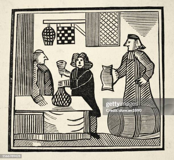 illustrations, cliparts, dessins animés et icônes de folklore anglais, deux hommes buvant dans un pub, 18ème siècle - gravure sur bois