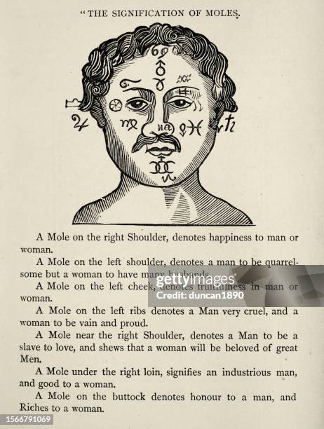 signification of moles, superstition and paranormal, english folklore, 18th century - phrenology head stock illustrations